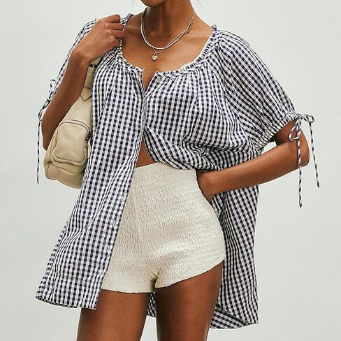 Womens Gingham Tunic Casual Puff Sleeve Pleated Scoop Neck Button Down Shirts Summer Tops Loose Flowy Babydoll Blouse(Navy,M) in Saudi Arabia