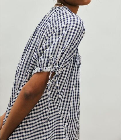 Womens Gingham Tunic Casual Puff Sleeve Pleated Scoop Neck Button Down Shirts Summer Tops Loose Flowy Babydoll Blouse(Navy,M) in Saudi Arabia