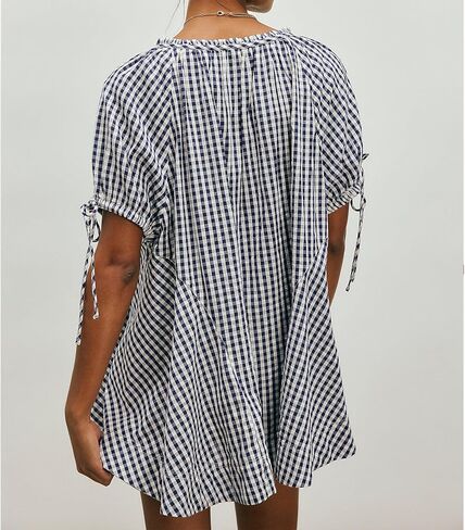 Womens Gingham Tunic Casual Puff Sleeve Pleated Scoop Neck Button Down Shirts Summer Tops Loose Flowy Babydoll Blouse(Navy,M) in Saudi Arabia