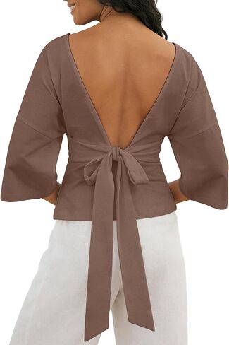 Backless Tops for Women Summer Casual Office 3/4 Sleeve Tie Back Blouse Soft Elegant Date Night Shirt in Saudi Arabia