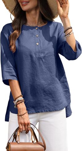 Women's 100% Linen Shirt 3/4 Sleeve Henley Neck Elbow Sleeve Button up Shirt 2026 Slit Irregular Hem Tunic Top in Saudi Arabia