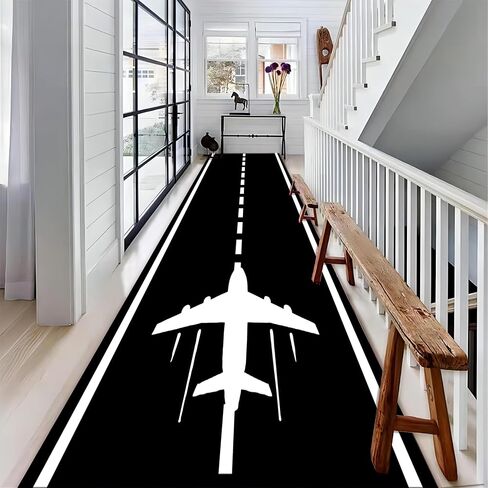 Runway Track Aircraft Runner Rug,2x6ft, Black White Long Runner Rugs Aviation Airport Plane Racing Runway Area Rugs for Classroom Play Mat Non-Slip Low Pile Carpet for Living Room Boys Room in Saudi Arabia