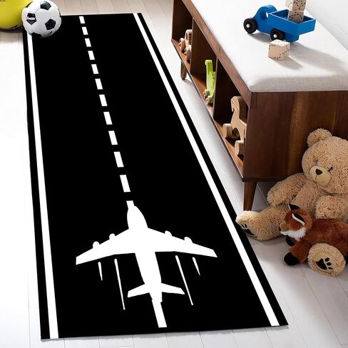 Runway Track Aircraft Runner Rug,2x6ft, Black White Long Runner Rugs Aviation Airport Plane Racing Runway Area Rugs for Classroom Play Mat Non-Slip Low Pile Carpet for Living Room Boys Room in Saudi Arabia