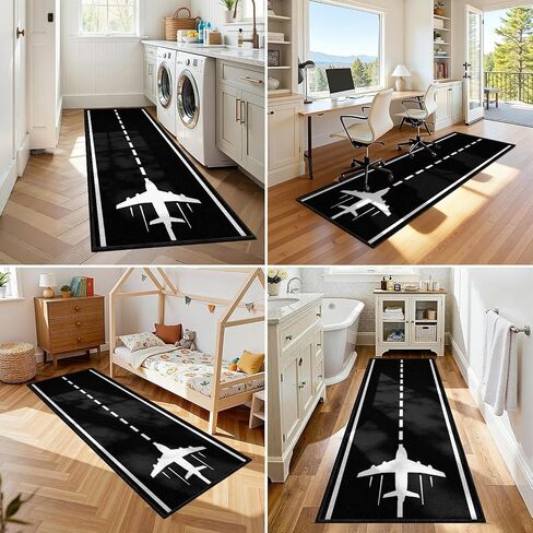 Runway Track Aircraft Runner Rug,2x6ft, Black White Long Runner Rugs Aviation Airport Plane Racing Runway Area Rugs for Classroom Play Mat Non-Slip Low Pile Carpet for Living Room Boys Room in Saudi Arabia