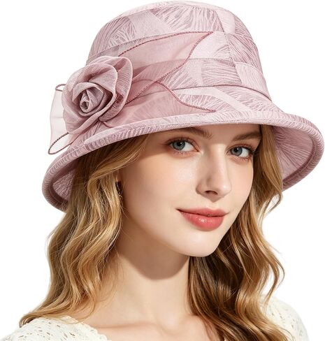 Women Flower Bowler Sun Hat Wide Brim Cloche Church Hat Floral Bucket Cap Ladies Tea Party Wedding Travel Beach Fascinator in Kuwait