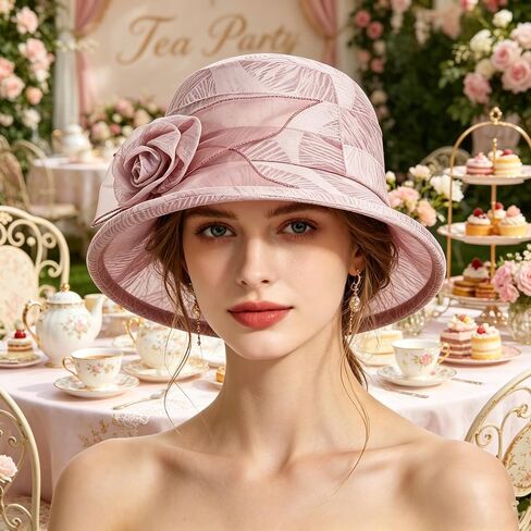 Women Flower Bowler Sun Hat Wide Brim Cloche Church Hat Floral Bucket Cap Ladies Tea Party Wedding Travel Beach Fascinator in Kuwait