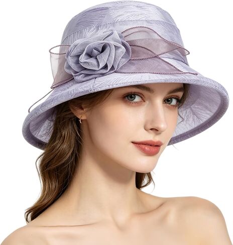Women Flower Bowler Sun Hat Wide Brim Cloche Church Hat Floral Bucket Cap Ladies Tea Party Wedding Travel Beach Fascinator in Kuwait