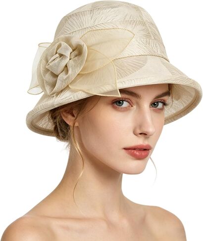 Women Flower Bowler Sun Hat Wide Brim Cloche Church Hat Floral Bucket Cap Ladies Tea Party Wedding Travel Beach Fascinator in Kuwait