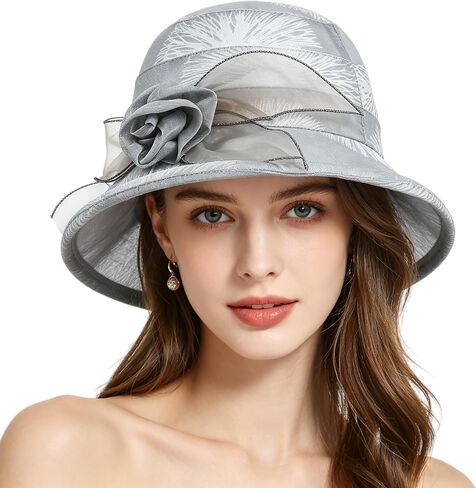 Women Flower Bowler Sun Hat Wide Brim Cloche Church Hat Floral Bucket Cap Ladies Tea Party Wedding Travel Beach Fascinator in Kuwait