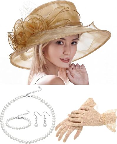 Women Derby Hat Set 2026 Organza Derby Fascinator Hat with Lace Gloves Pearl Jewelry for Church Tea Party Wedding in Kuwait