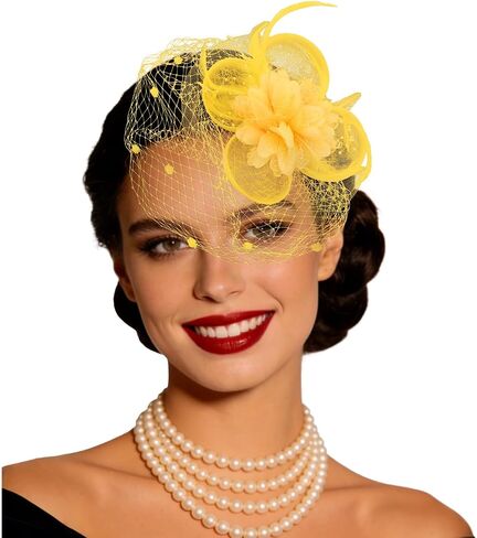 Yellow Fascinator Hat with Veil 2-in-1 Tea Party Headband & Hair Clip, Elegant Flower Feather Mesh Fascinator for Women,Wedding, Church & Formal Events in Saudi Arabia