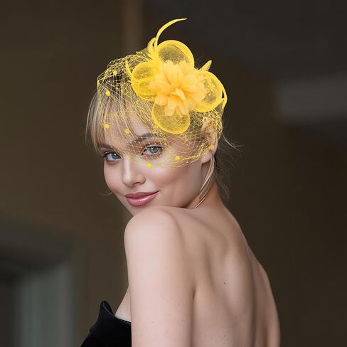 Yellow Fascinator Hat with Veil 2-in-1 Tea Party Headband & Hair Clip, Elegant Flower Feather Mesh Fascinator for Women,Wedding, Church & Formal Events in Saudi Arabia