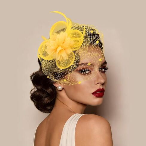 Yellow Fascinator Hat with Veil 2-in-1 Tea Party Headband & Hair Clip, Elegant Flower Feather Mesh Fascinator for Women,Wedding, Church & Formal Events in Saudi Arabia