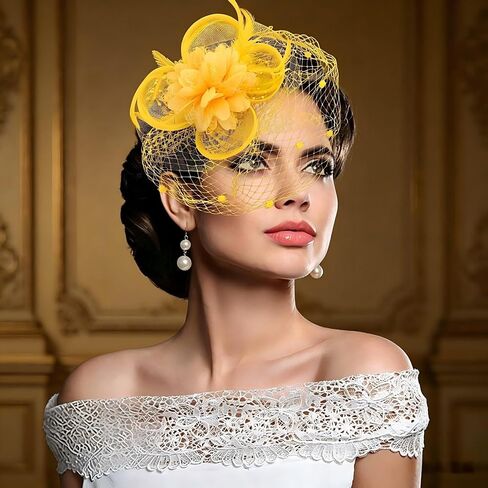 Yellow Fascinator Hat with Veil 2-in-1 Tea Party Headband & Hair Clip, Elegant Flower Feather Mesh Fascinator for Women,Wedding, Church & Formal Events in Saudi Arabia