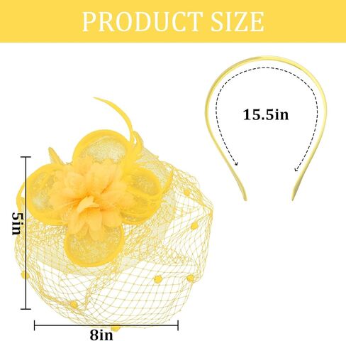 Yellow Fascinator Hat with Veil 2-in-1 Tea Party Headband & Hair Clip, Elegant Flower Feather Mesh Fascinator for Women,Wedding, Church & Formal Events in Saudi Arabia