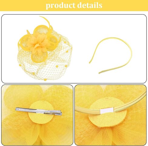 Yellow Fascinator Hat with Veil 2-in-1 Tea Party Headband & Hair Clip, Elegant Flower Feather Mesh Fascinator for Women,Wedding, Church & Formal Events in Saudi Arabia