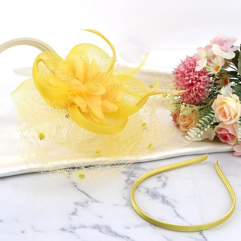 Yellow Fascinator Hat with Veil 2-in-1 Tea Party Headband & Hair Clip, Elegant Flower Feather Mesh Fascinator for Women,Wedding, Church & Formal Events in Saudi Arabia