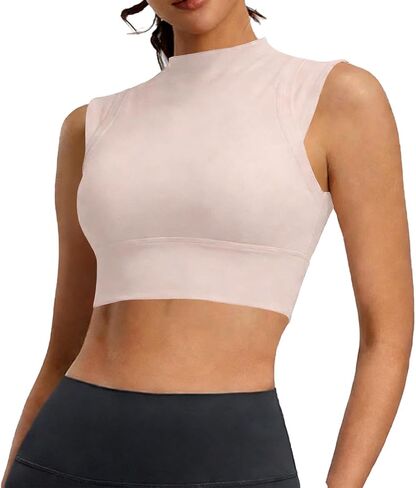 Womens Padded Sports Bra Mock Neck Highly Elastic High Impact Workout Crop Tank Tops Seamless Gym Athletic Yoga Top in Saudi Arabia