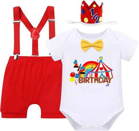 Baby Boy Half Birthday Outfit, 1/2 Birthday Circus Carnival Outfit, Clown Short Sleeve Bodysuit Shorts Crown Clothes in Saudi Arabia