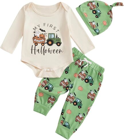 Bagilaanoe Newborn Baby Boy Halloween Outfit Farm Tractor Pumpkin Long Sleeve Romper Pants Hat 3PCS Clothes Set in Kuwait