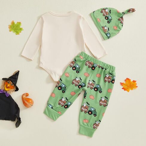 Bagilaanoe Newborn Baby Boy Halloween Outfit Farm Tractor Pumpkin Long Sleeve Romper Pants Hat 3PCS Clothes Set in Kuwait