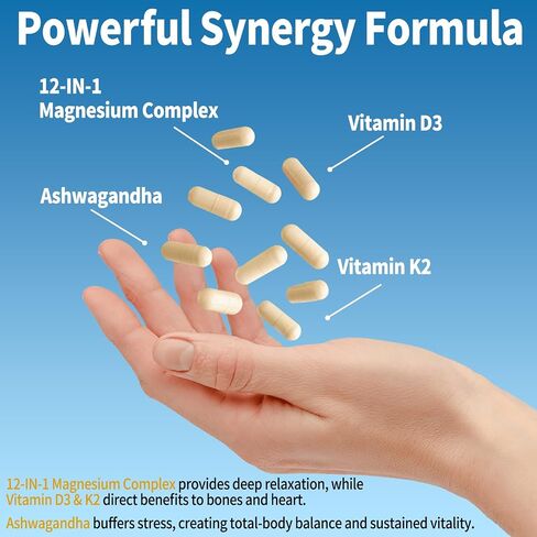 Magnesium Complex 12 in 1 Supplement for Women & Men 700mg, Magnesium Glycinate with Vitamin D3 K2, Citrate Malate Oxide Taurate Aspartate Orotate, for Relaxation, Heart, Energy, Muscle, 120 Capsules in Saudi Arabia