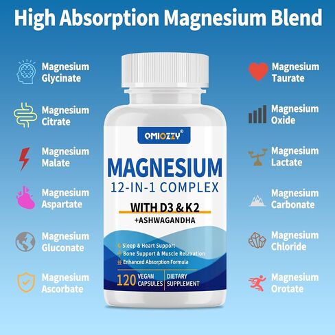 Magnesium Complex 12 in 1 Supplement for Women & Men 700mg, Magnesium Glycinate with Vitamin D3 K2, Citrate Malate Oxide Taurate Aspartate Orotate, for Relaxation, Heart, Energy, Muscle, 120 Capsules in Saudi Arabia