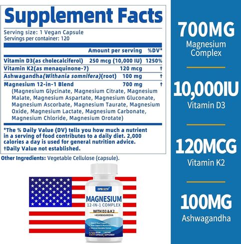 Magnesium Complex 12 in 1 Supplement for Women & Men 700mg, Magnesium Glycinate with Vitamin D3 K2, Citrate Malate Oxide Taurate Aspartate Orotate, for Relaxation, Heart, Energy, Muscle, 120 Capsules in Saudi Arabia