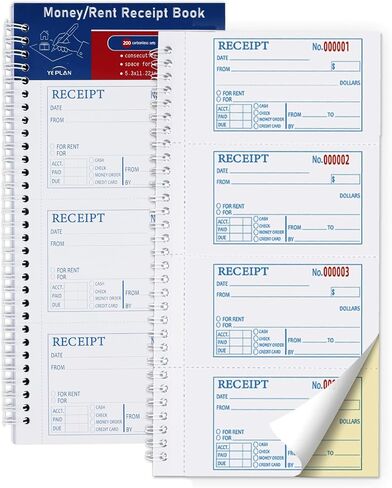 Receipt Book with Carbon Copies,Money and Rent Receipt Book,2-Part Carbonless,5.31" x 11.22",Spiral Bound,200 Sets per Book,4 Receipts per Page. in Saudi Arabia