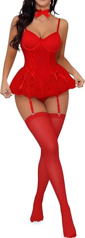 Women Sexy Choker Mesh Corset Lingerie Set Underwire Ruffle Lace Up Babydoll with Stockings Garter Belt Thong in Saudi Arabia