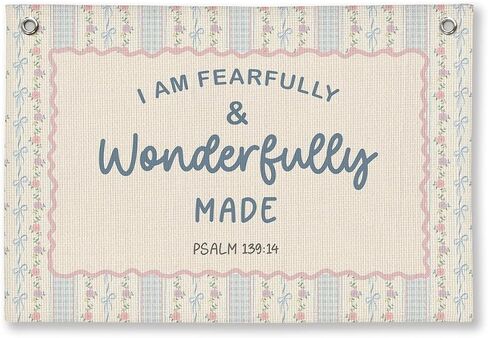Kids Room Decor Bible Verse Wall Hanging, 'I am Fearfully and Wonderfully Made' Linen Banner, Canvas Decoration for Classroom, Nursery, 20x30 Inch in Kuwait