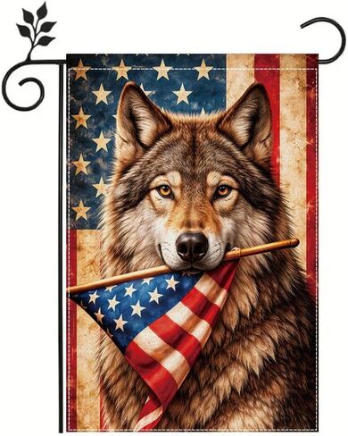 Patriotic Wolf Garden Flag, American Flag Outdoor Garden Flag, Rustic Vintage Animal Yard Flag, Double Sided Polyester Seasonal Decorative Flag for Lawn Porch Farmhouse, 12x18 In in Kuwait