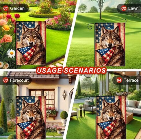 Patriotic Wolf Garden Flag, American Flag Outdoor Garden Flag, Rustic Vintage Animal Yard Flag, Double Sided Polyester Seasonal Decorative Flag for Lawn Porch Farmhouse, 12x18 In in Kuwait