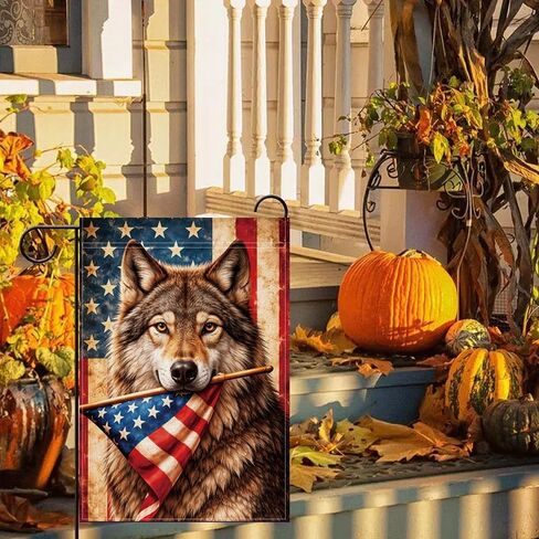 Patriotic Wolf Garden Flag, American Flag Outdoor Garden Flag, Rustic Vintage Animal Yard Flag, Double Sided Polyester Seasonal Decorative Flag for Lawn Porch Farmhouse, 12x18 In in Kuwait