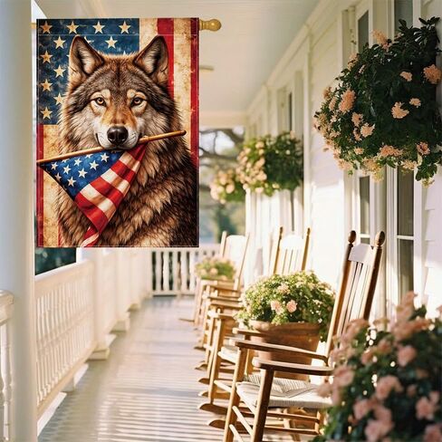 Patriotic Wolf Garden Flag, American Flag Outdoor Garden Flag, Rustic Vintage Animal Yard Flag, Double Sided Polyester Seasonal Decorative Flag for Lawn Porch Farmhouse, 12x18 In in Kuwait