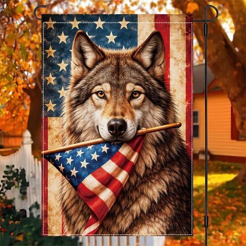 Patriotic Wolf Garden Flag, American Flag Outdoor Garden Flag, Rustic Vintage Animal Yard Flag, Double Sided Polyester Seasonal Decorative Flag for Lawn Porch Farmhouse, 12x18 In in Kuwait