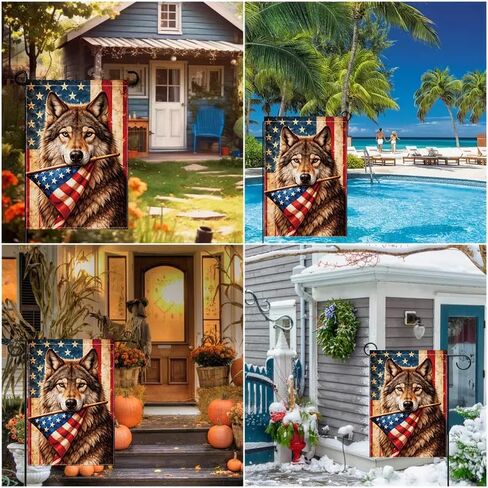 Patriotic Wolf Garden Flag, American Flag Outdoor Garden Flag, Rustic Vintage Animal Yard Flag, Double Sided Polyester Seasonal Decorative Flag for Lawn Porch Farmhouse, 12x18 In in Kuwait