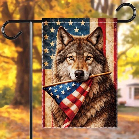 Patriotic Wolf Garden Flag, American Flag Outdoor Garden Flag, Rustic Vintage Animal Yard Flag, Double Sided Polyester Seasonal Decorative Flag for Lawn Porch Farmhouse, 12x18 In in Kuwait