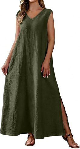 Cotton Linen Maxi Dress for Women Summer V Neck Sleeveless Split Beach Tank Dresses Casual Loose Fit Solid Sundress in Saudi Arabia