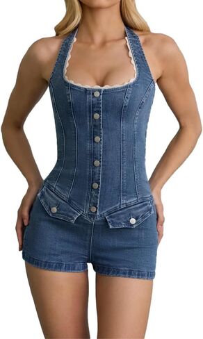 VOIKERDR Denim Jumpsuit for Women Halter Backless Jeans Jumpsuits Shorts Sexy Outfits in Kuwait