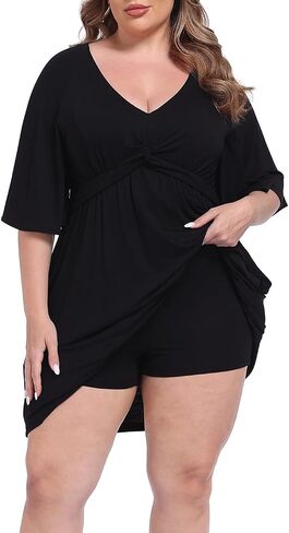 HDE Womens Plus Size Dress with Built in Quick Slip Short V Neck Flutter Sleeve Flowy Skirted Romper Skort Dress with Pockets in Kuwait