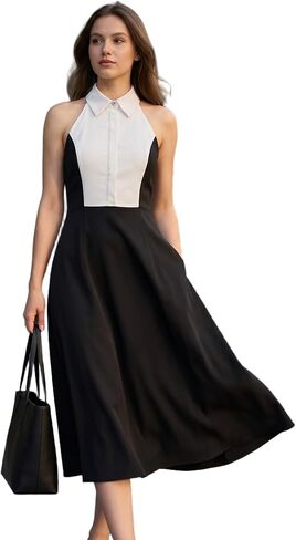 SUNSTORY Women's Black and White Work Dress: 2026 Midi Ruffle A-Line Halter Neck Backless Sleeveless Collared Summer Dresses in Kuwait