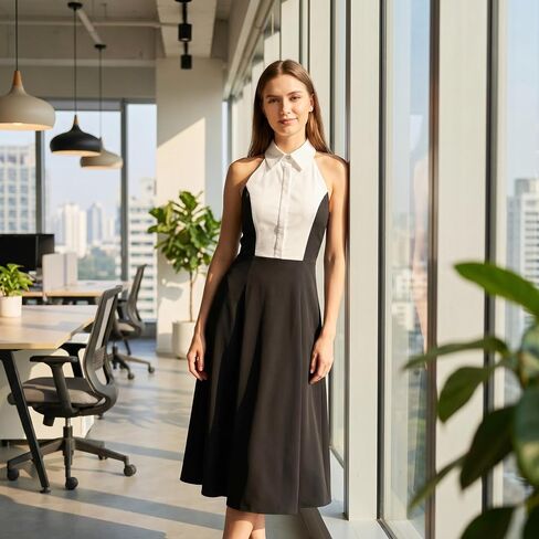 SUNSTORY Women's Black and White Work Dress: 2026 Midi Ruffle A-Line Halter Neck Backless Sleeveless Collared Summer Dresses in Kuwait