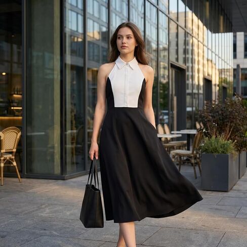 SUNSTORY Women's Black and White Work Dress: 2026 Midi Ruffle A-Line Halter Neck Backless Sleeveless Collared Summer Dresses in Kuwait