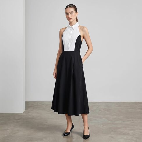 SUNSTORY Women's Black and White Work Dress: 2026 Midi Ruffle A-Line Halter Neck Backless Sleeveless Collared Summer Dresses in Kuwait
