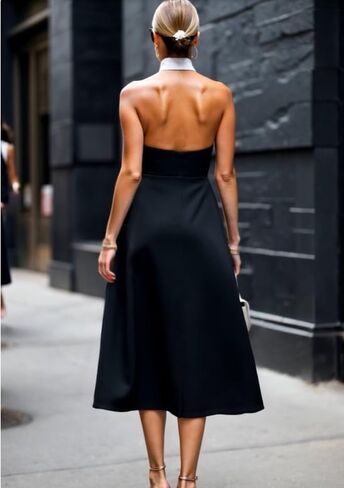 SUNSTORY Women's Black and White Work Dress: 2026 Midi Ruffle A-Line Halter Neck Backless Sleeveless Collared Summer Dresses in Kuwait