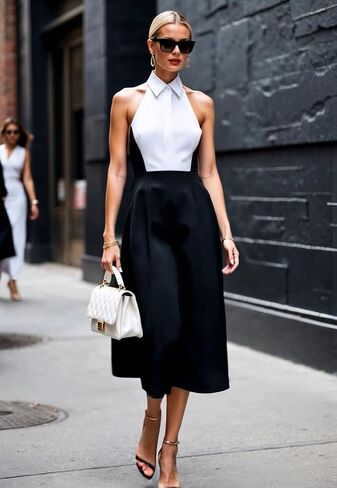 SUNSTORY Women's Black and White Work Dress: 2026 Midi Ruffle A-Line Halter Neck Backless Sleeveless Collared Summer Dresses in Kuwait