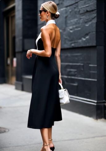 SUNSTORY Women's Black and White Work Dress: 2026 Midi Ruffle A-Line Halter Neck Backless Sleeveless Collared Summer Dresses in Kuwait
