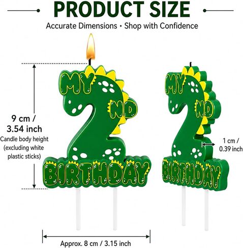 Green Dinosaur 2 Number Birthday Candles, 3.5×3.2" Dinosaur Themed 2nd Cake Topper Candles for Birthday Parties Celebration in Saudi Arabia