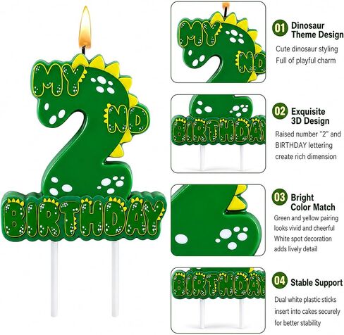 Green Dinosaur 2 Number Birthday Candles, 3.5×3.2" Dinosaur Themed 2nd Cake Topper Candles for Birthday Parties Celebration in Saudi Arabia